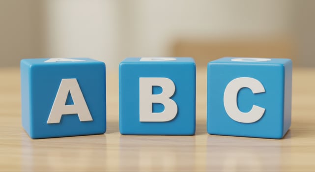 Three alphabet blocks arranged in a row with the letters a, b, and c on a wooden table. photo