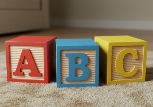 Vibrant wooden blocks with the letters a, b, and c displayed on a fluffy carpet. photo