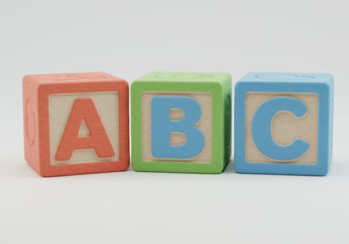 Three colorful alphabet blocks spelling out abc in a clear, educational display. photo