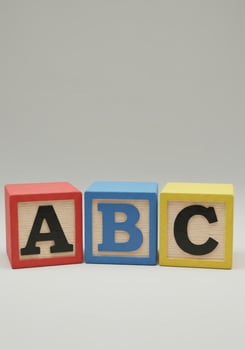 Vibrant wooden alphabet blocks spelling abc against a simple, neutral background. photo