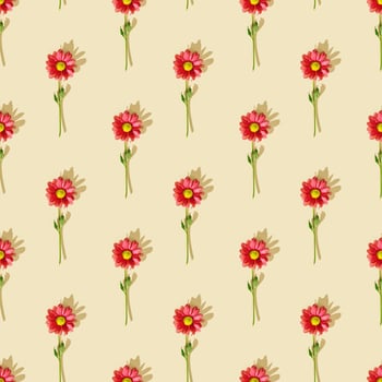 Seamless pattern with red flowers on neutral beige color background. Summer floral wallpaper nature design flowery minimal layout, hard light, shadows. Chrysanthemum daisy blossoming flower photo