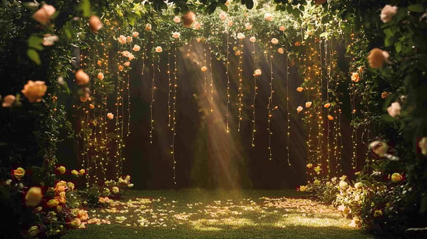 Romantic Garden Wedding Backdrop with Hanging Fairy Lights and Rose Petals Illuminated by Golden Sunlight Beams photo
