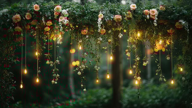 Close-Up of Glowing String Lights and Blooming Flowers in a Lush Ivy-Covered Setting photo
