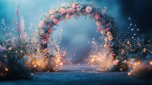 Whimsical Wedding Arch with Soft Pastel Flowers and Fairy Lights in a Dreamy Misty Forest Setting photo