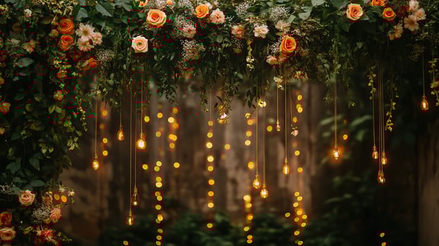 Elegant Garden Wedding Backdrop with Hanging Light Bulbs and Vibrant Floral Canopy photo
