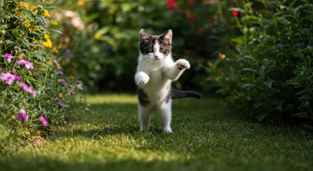 A charming kitten stands on its hind legs in a blooming garden, showcasing playful curiosity. photo