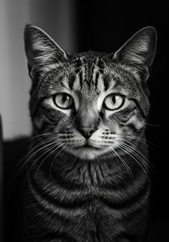 A beautiful black and white portrait features the captivating gaze of a tabby cat's face. photo