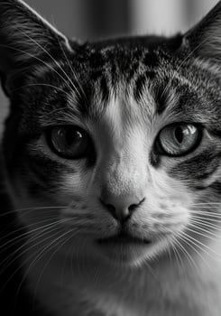 A striking black and white portrait of a cat with captivating eyes and detailed fur. photo