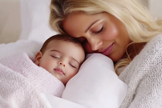 A woman and her baby sleeping in bed photo