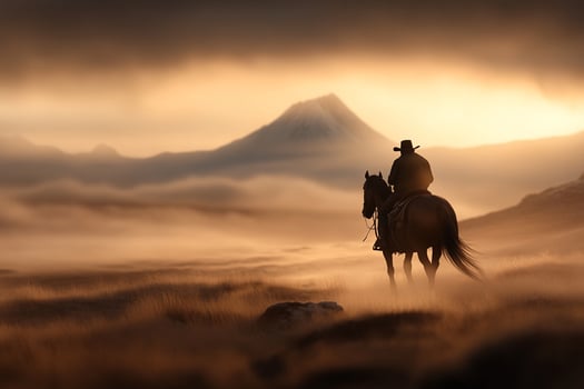 A man riding a horse through a foggy field photo