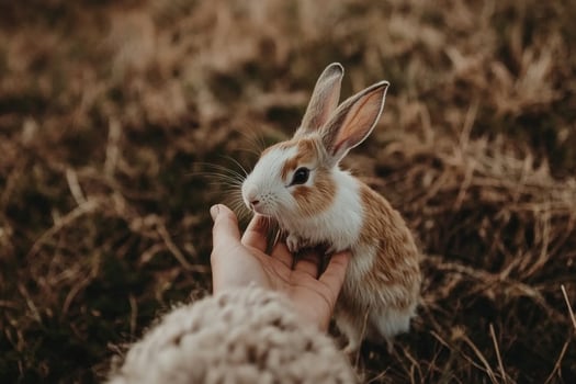 A person is holding a small rabbit in their hand photo