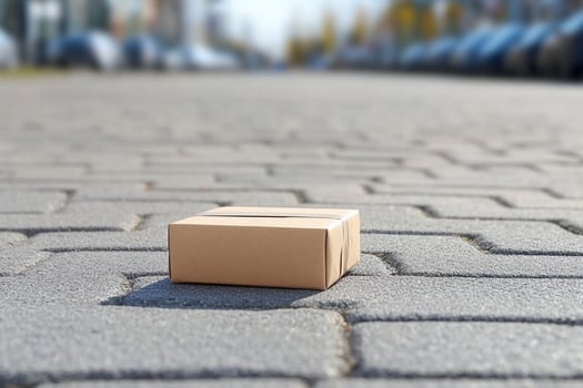 A cardboard box sitting on the ground in front of a car photo