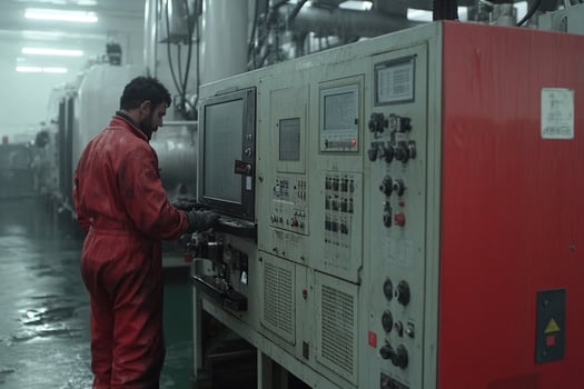 A man in a red suit is working on a machine photo