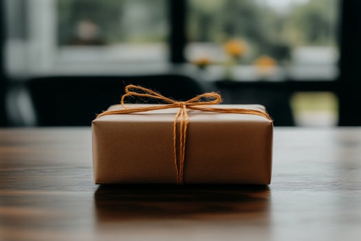 Gift wrapped in brown paper on wooden table photo