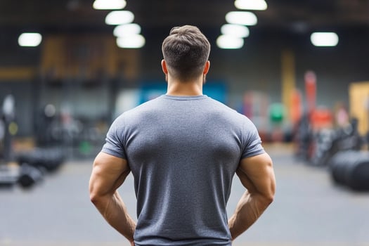 A man in a gym looking at his back photo
