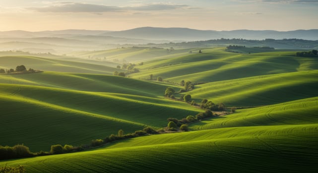 A breathtaking vista of rolling green hills bathed in the warm glow of the morning sun photo