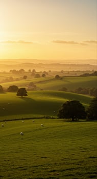 The golden sun bathes rolling hills, a tranquil scene with grazing sheep and scattered trees. photo