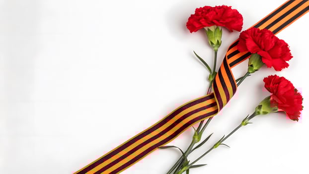Red carnations and black-orange ribbon arranged in a meaningful display photo