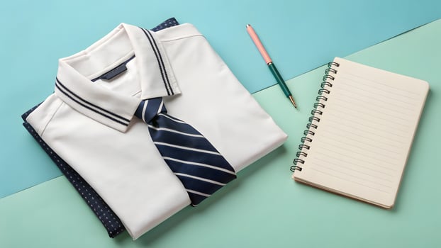 Stylish school uniform laid out with notebook and pens on colored background photo
