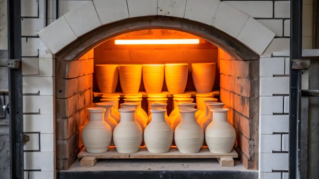 Kiln fired pottery ready for glazing in artisan workshop during daytime photo