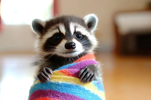 A baby raccoon wrapped in a colorful blanket photo