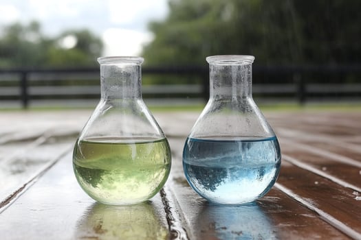 Two glass beakers with liquid in them on a wooden table photo