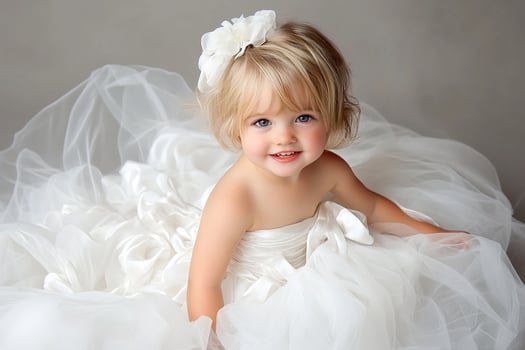A little girl in a wedding dress sitting on a white background photo