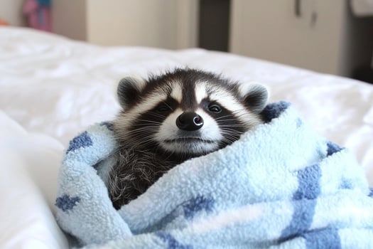 A raccoon wrapped in a blanket on a bed photo