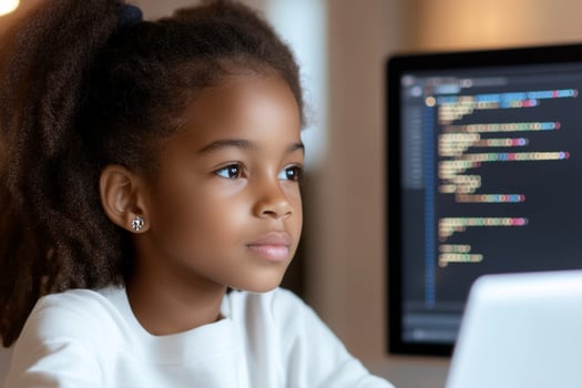 A young girl is looking at a computer screen photo