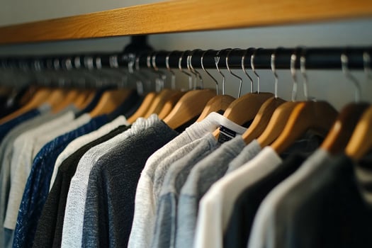 A rack of clothes is shown in a closet photo