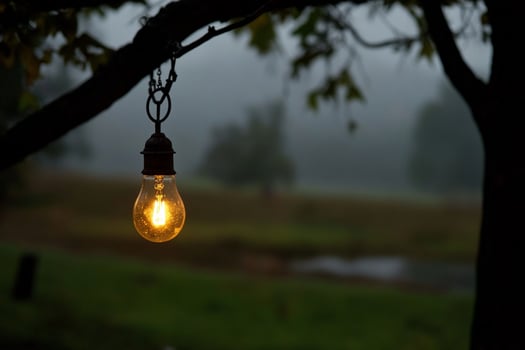 A light bulb hanging from a tree in the fog photo