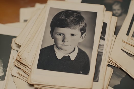 A photo of a young boy sitting on top of a pile of old photos