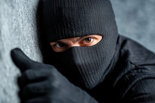 A man in a black mask is pointing his finger photo