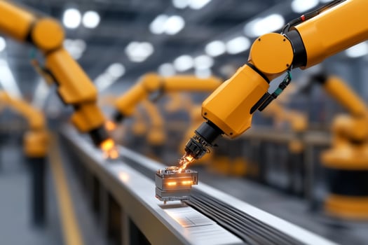 Robots working on a conveyor belt in an industrial factory photo