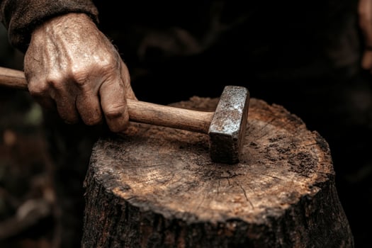 A man is using an axe to cut wood photo