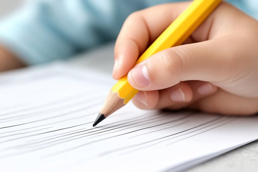 A child's hand holding a pencil and writing on paper photo
