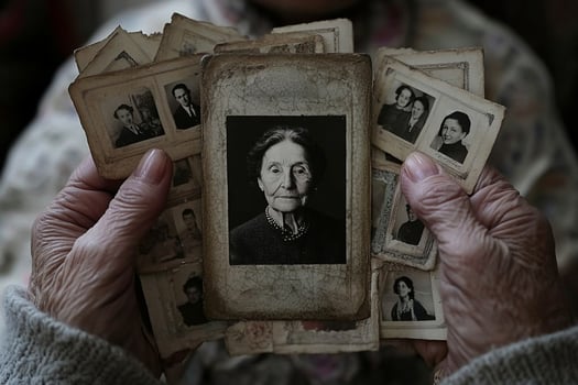 An old woman holding up old photos