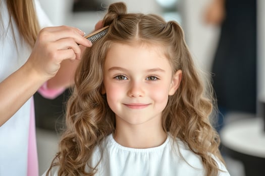 A little girl is getting her hair cut by a woman photo