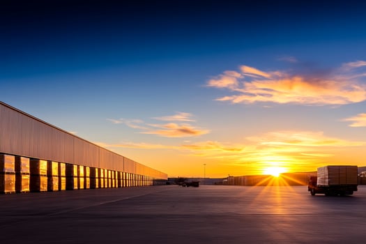 A large warehouse with a sunset in the background photo