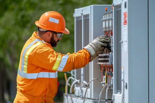 A man in an orange safety suit working on an electrical panel photo