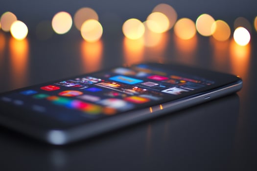 A smartphone is sitting on a table with a lit background photo