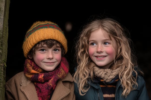 Two children wearing warm clothing pose for a photo