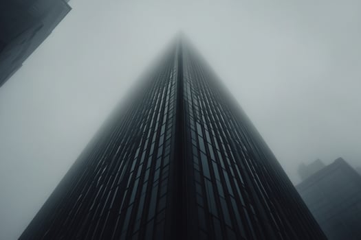 A tall building in the fog with a foggy sky photo