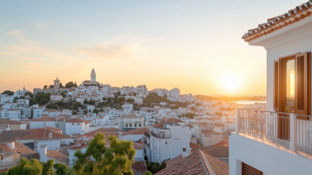 The sun sets over the city of albacete, algarve, portugal photo