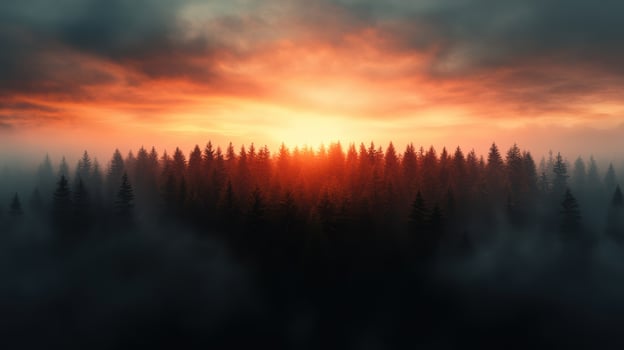 A beautiful sunset over a forest with trees photo