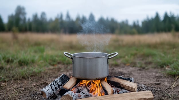 A pot on a fire with smoke coming out of it photo