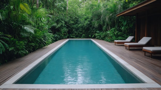 A long pool surrounded by lush green trees photo