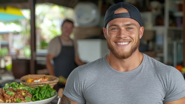 A man is smiling while holding a plate of food photo