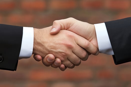 Two business people shaking hands in front of a brick wall photo