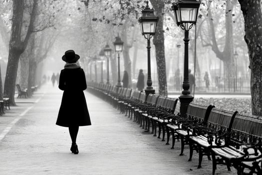 A woman walking down a path in a park photo